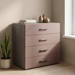 Commode rose taupe et effet chêne grisé avec 4 tiroirs GoodHome Atomia H. 75 x L. 75 x P. 58 cm