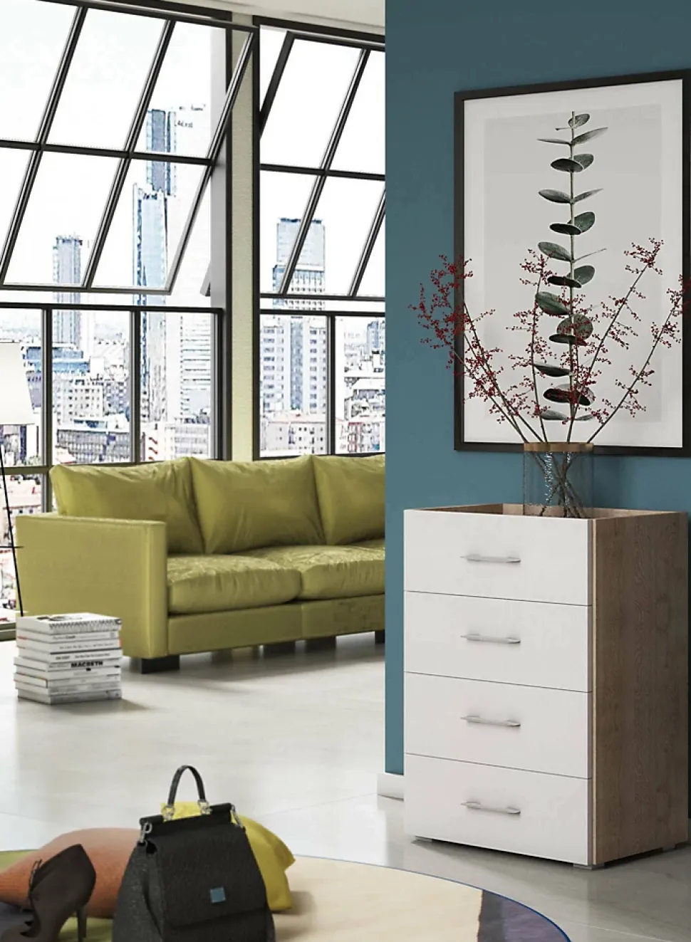 Commode Solano, Commode 4 tiroirs pour chambre à coucher, Bureau polyvalent ou meuble d'étude, 60x41h87 cm, Chêne et Blanc