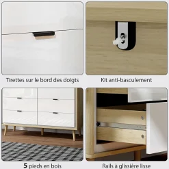 Commode style nordique 6 tiroirs façade blanc laqué effet bois clair