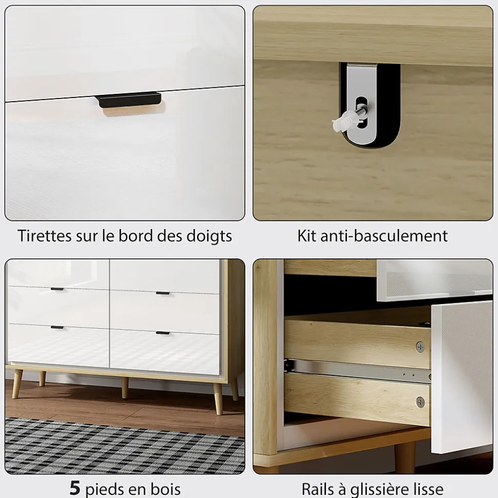 Commode style nordique 6 tiroirs façade blanc laqué effet bois clair