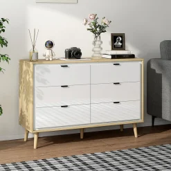 Commode style nordique 6 tiroirs façade blanc laqué effet bois clair