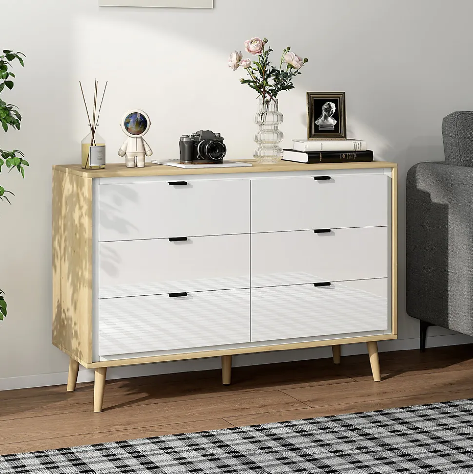 Commode style nordique 6 tiroirs façade blanc laqué effet bois clair