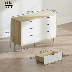 Commode style nordique 6 tiroirs façade blanc laqué effet bois clair