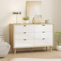 Commode style nordique 6 tiroirs façade blanc laqué effet bois clair