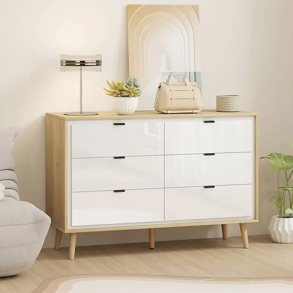 Commode style nordique 6 tiroirs façade blanc laqué effet bois clair