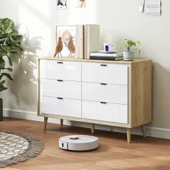 Commode style nordique 6 tiroirs façade blanc laqué effet bois clair