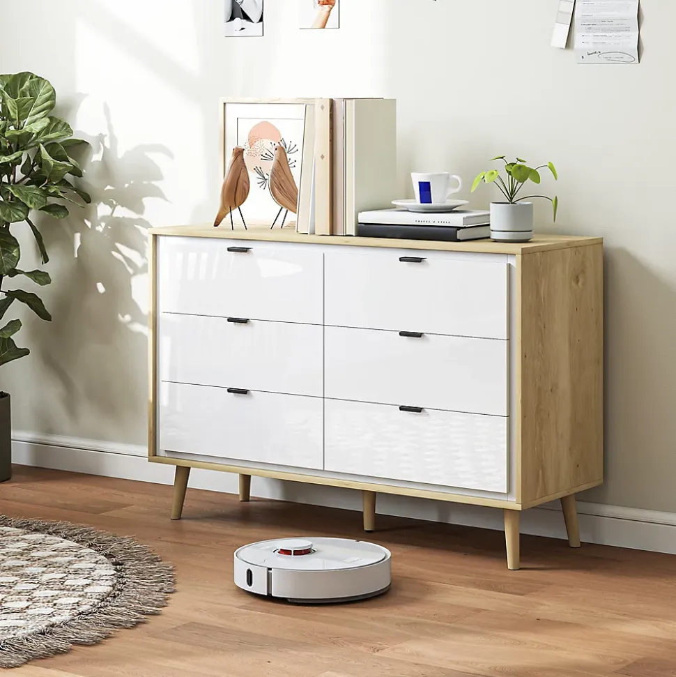 Commode style nordique 6 tiroirs façade blanc laqué effet bois clair