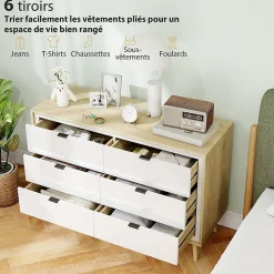Commode style nordique 6 tiroirs façade blanc laqué effet bois clair