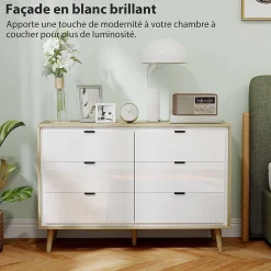 Commode style nordique 6 tiroirs façade blanc laqué effet bois clair