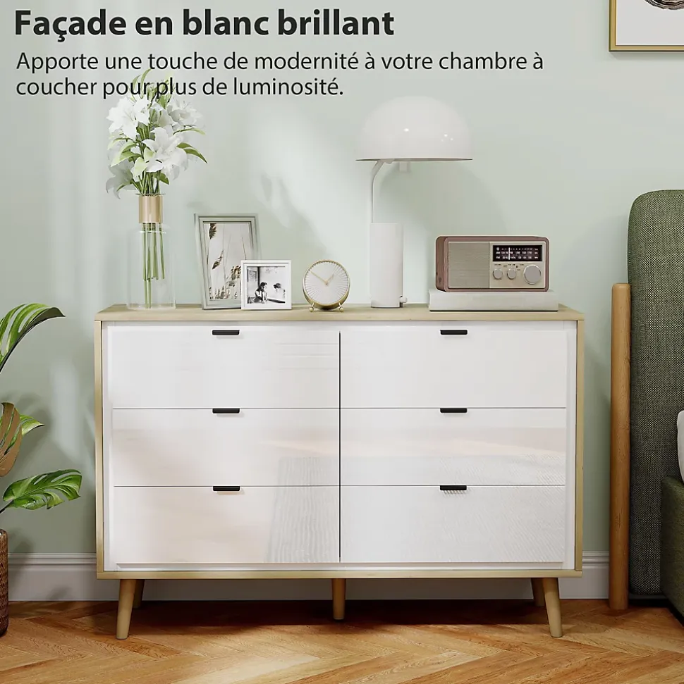Commode style nordique 6 tiroirs façade blanc laqué effet bois clair