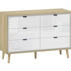 Commode style nordique 6 tiroirs façade blanc laqué effet bois clair