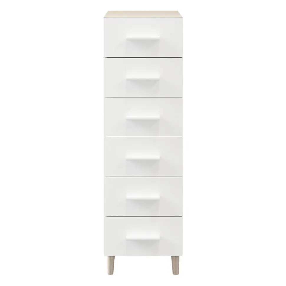 Commode sur pieds blanche et effet chêne 6 tiroirs GoodHome Atomia H. 123,5 x L. 37,5 x P. 45 cm
