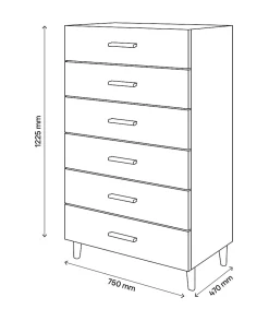 Commode sur pieds blanche et effet chêne 6 tiroirs GoodHome Atomia H. 123,5 x L. 75 x P. 45 cm
