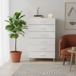 Commode sur pieds blanche et effet chêne 6 tiroirs GoodHome Atomia H. 123,5 x L. 75 x P. 45 cm