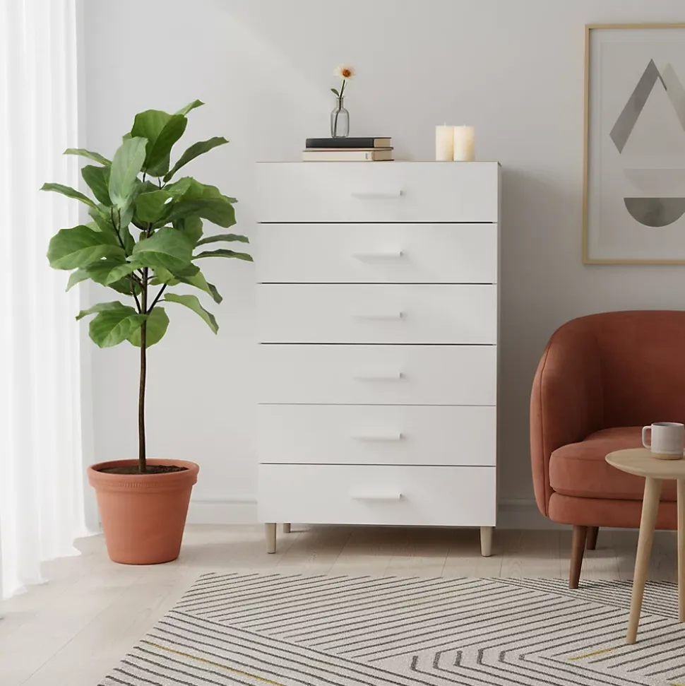 Commode sur pieds blanche et effet chêne 6 tiroirs GoodHome Atomia H. 123,5 x L. 75 x P. 45 cm