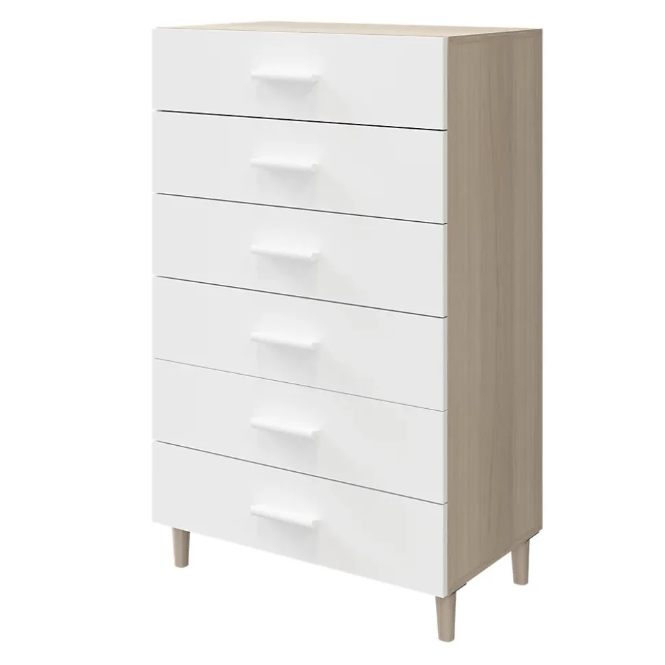 Commode sur pieds blanche et effet chêne 6 tiroirs GoodHome Atomia H. 123,5 x L. 75 x P. 45 cm