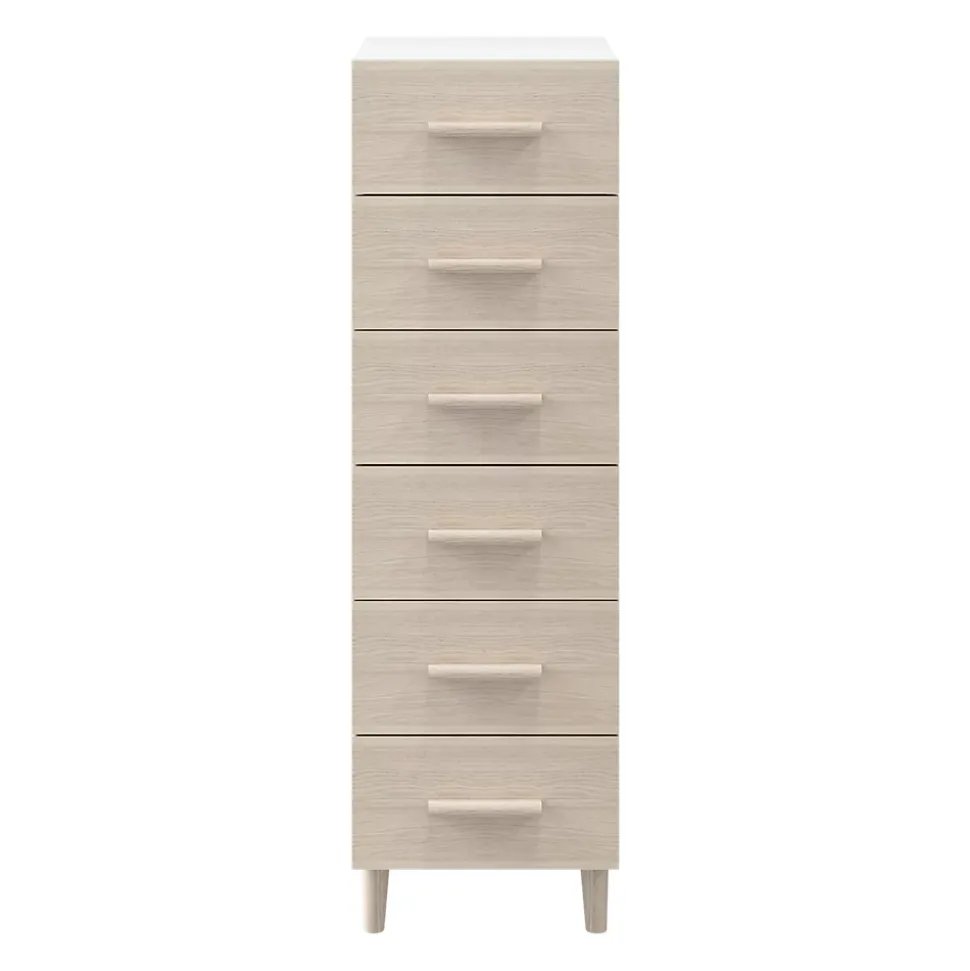 Commode sur pieds blanche et effet chêne 6 tiroirs GoodHome Atomia H. 123,5 x L. 37,5 x P. 47 cm