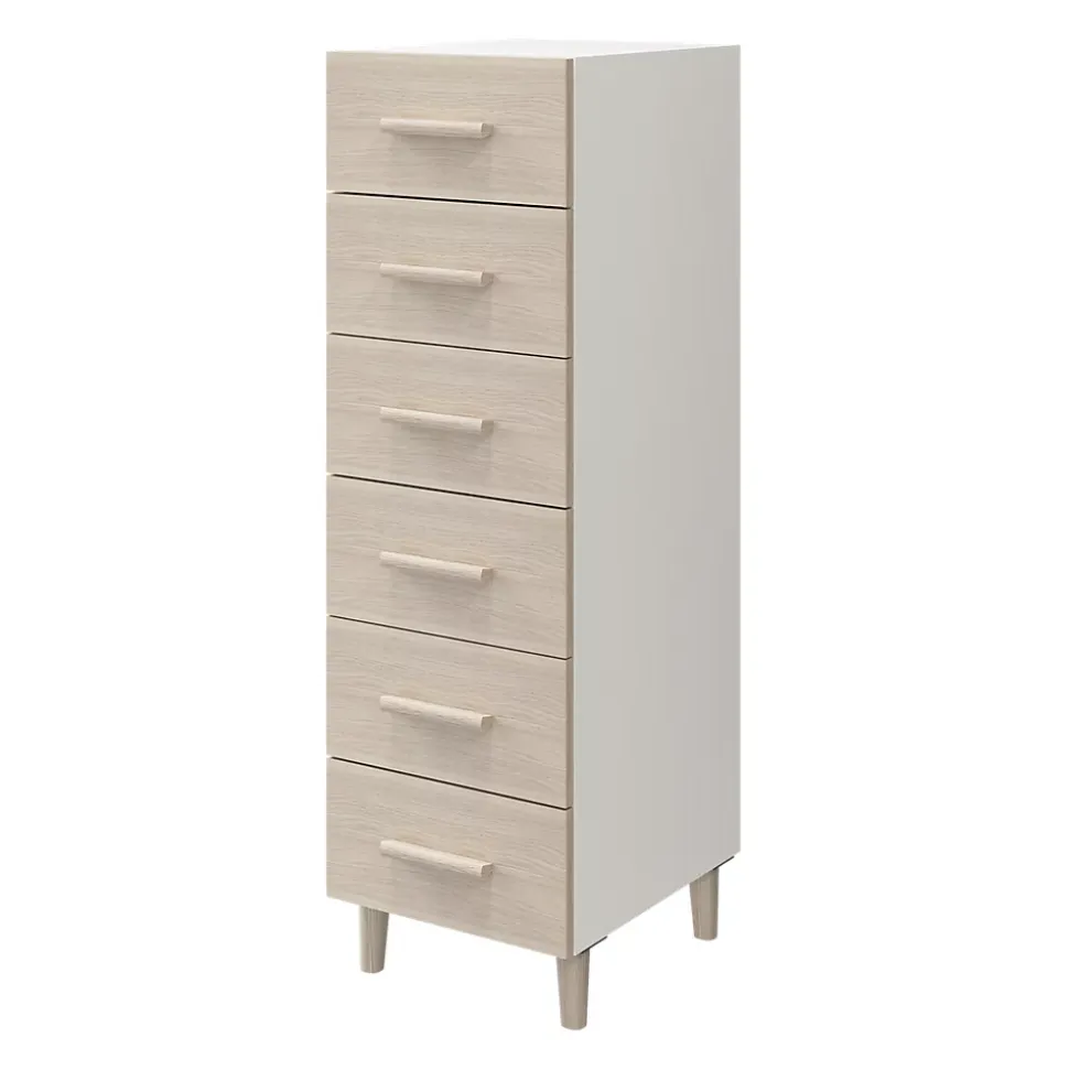 Commode sur pieds blanche et effet chêne 6 tiroirs GoodHome Atomia H. 123,5 x L. 37,5 x P. 47 cm