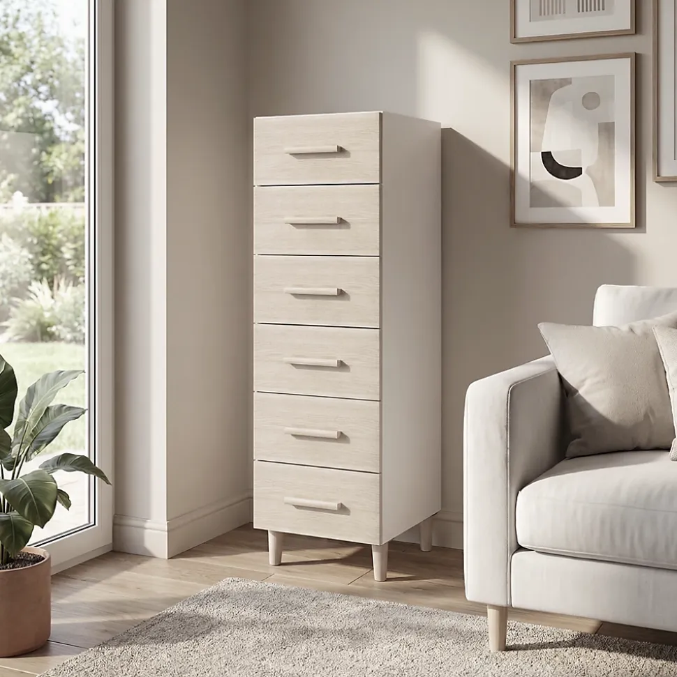 Commode sur pieds blanche et effet chêne 6 tiroirs GoodHome Atomia H. 123,5 x L. 37,5 x P. 47 cm