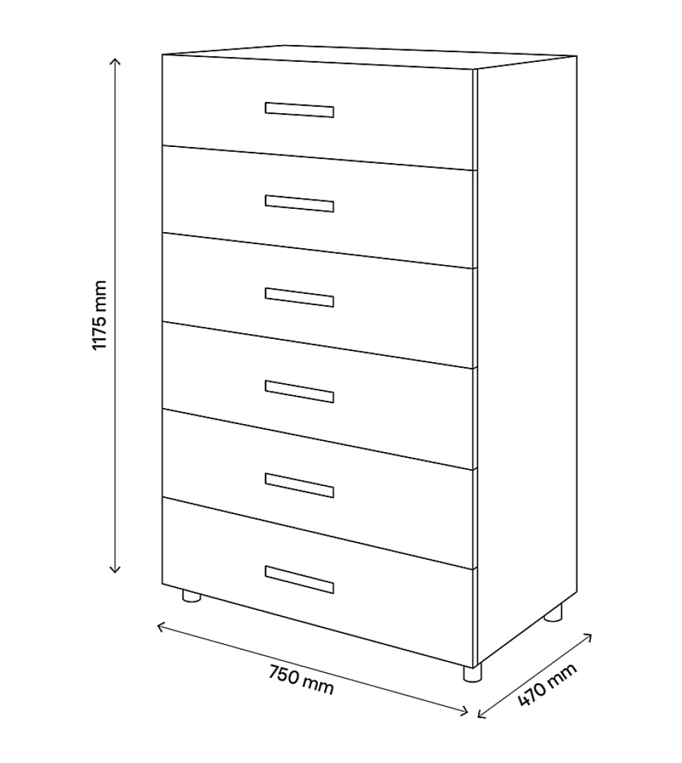 Commode sur pieds effet chêne grisé 6 tiroirs GoodHome Atomia H. 112,5 x L. 75 x P. 45 cm