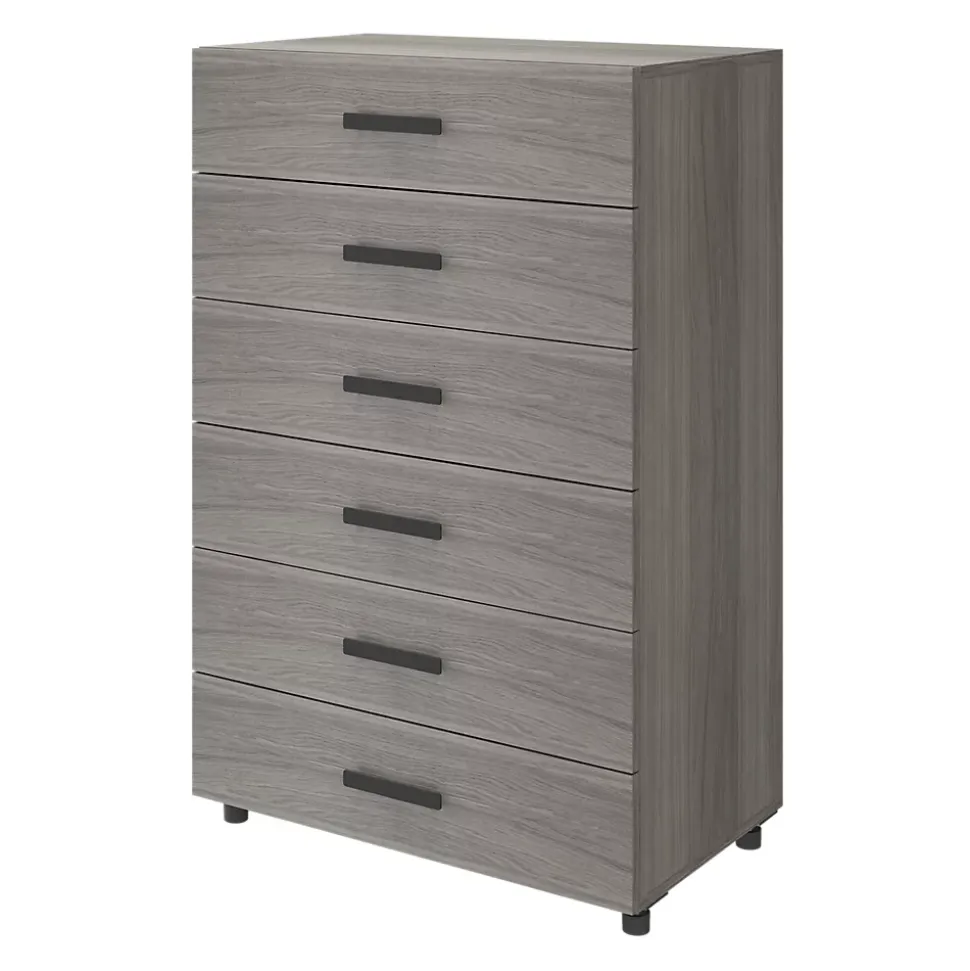 Commode sur pieds effet chêne grisé 6 tiroirs GoodHome Atomia H. 112,5 x L. 75 x P. 45 cm