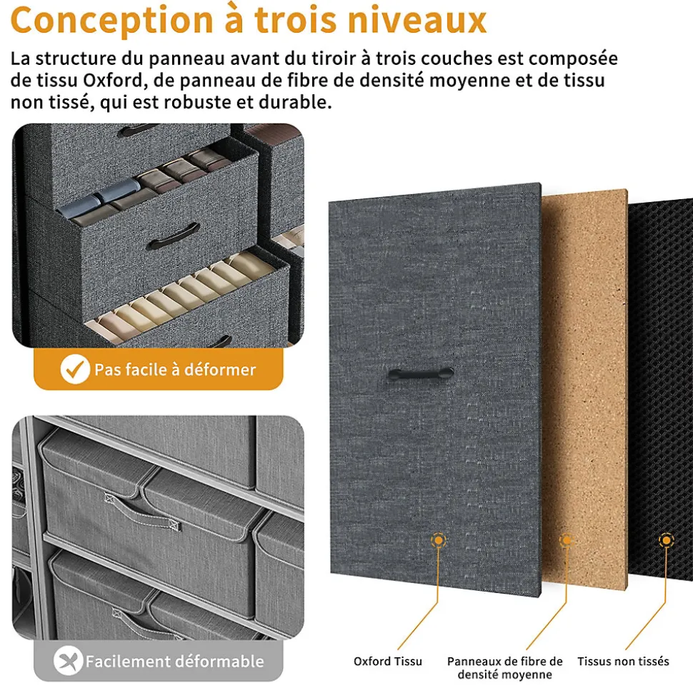 Commode textile 9 tiroirs en tissu non tissé 80 g, rangement pratique et léger pour chambre, salon ou bureau, design moderne