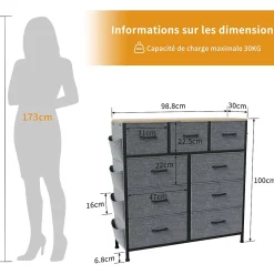 Commode textile 9 tiroirs en tissu non tissé 80 g, rangement pratique et léger pour chambre, salon ou bureau, design moderne