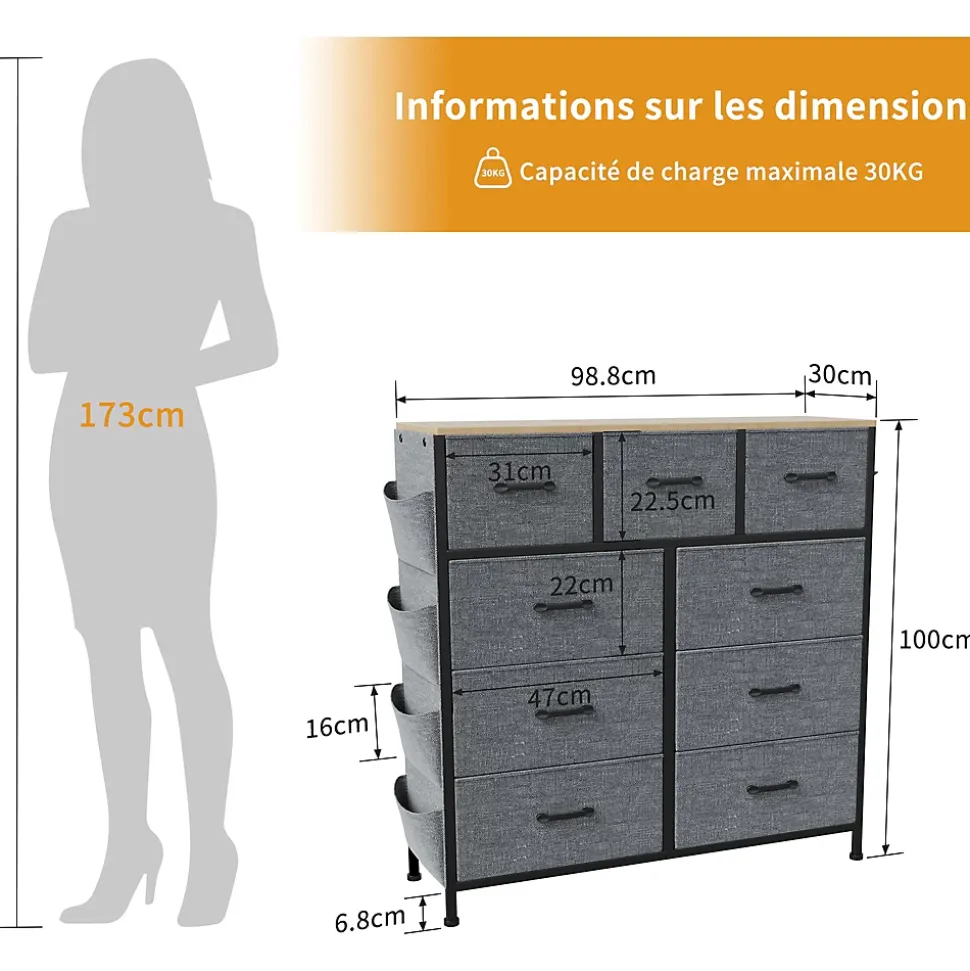 Commode textile 9 tiroirs en tissu non tissé 80 g, rangement pratique et léger pour chambre, salon ou bureau, design moderne