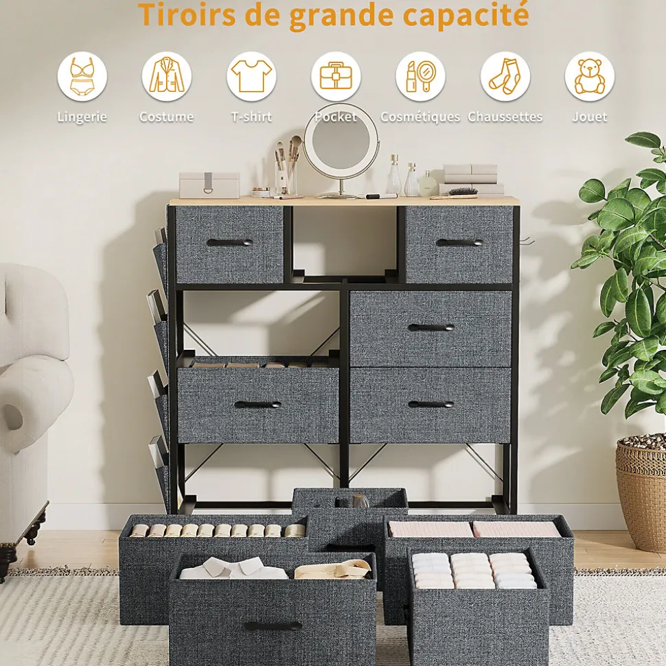 Commode textile 9 tiroirs en tissu non tissé 80 g, rangement pratique et léger pour chambre, salon ou bureau, design moderne