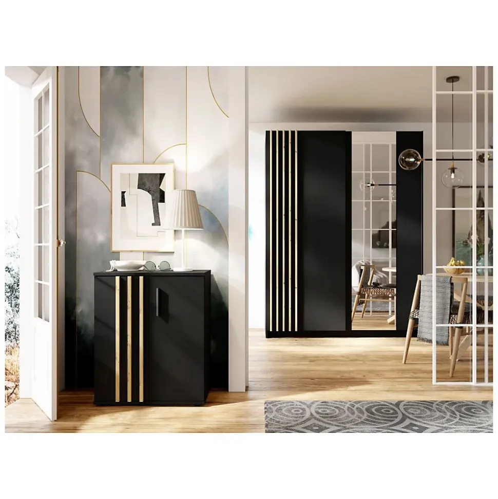 Commode VARIA - 2 Portes - Design moderne en noir et chene artisan