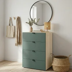 Commode vert forêt et effet chêne avec 4 tiroirs GoodHome Atomia H. 75 x L. 50 x P. 45 cm