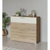 Commode VERTIGO 4 tiroirs Chene sauvage et beige sable Poignées dorées