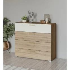 Commode VERTIGO 4 tiroirs Chene sauvage et beige sable Poignées dorées