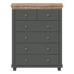 Commode XL design 6 tiroirs. Coloris vert kaki et chene. Collection ASSIA