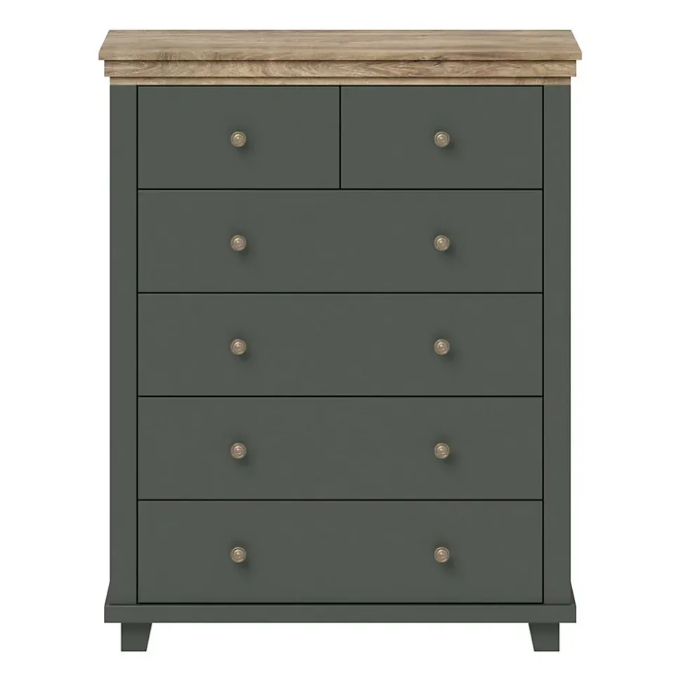 Commode XL design 6 tiroirs. Coloris vert kaki et chene. Collection ASSIA