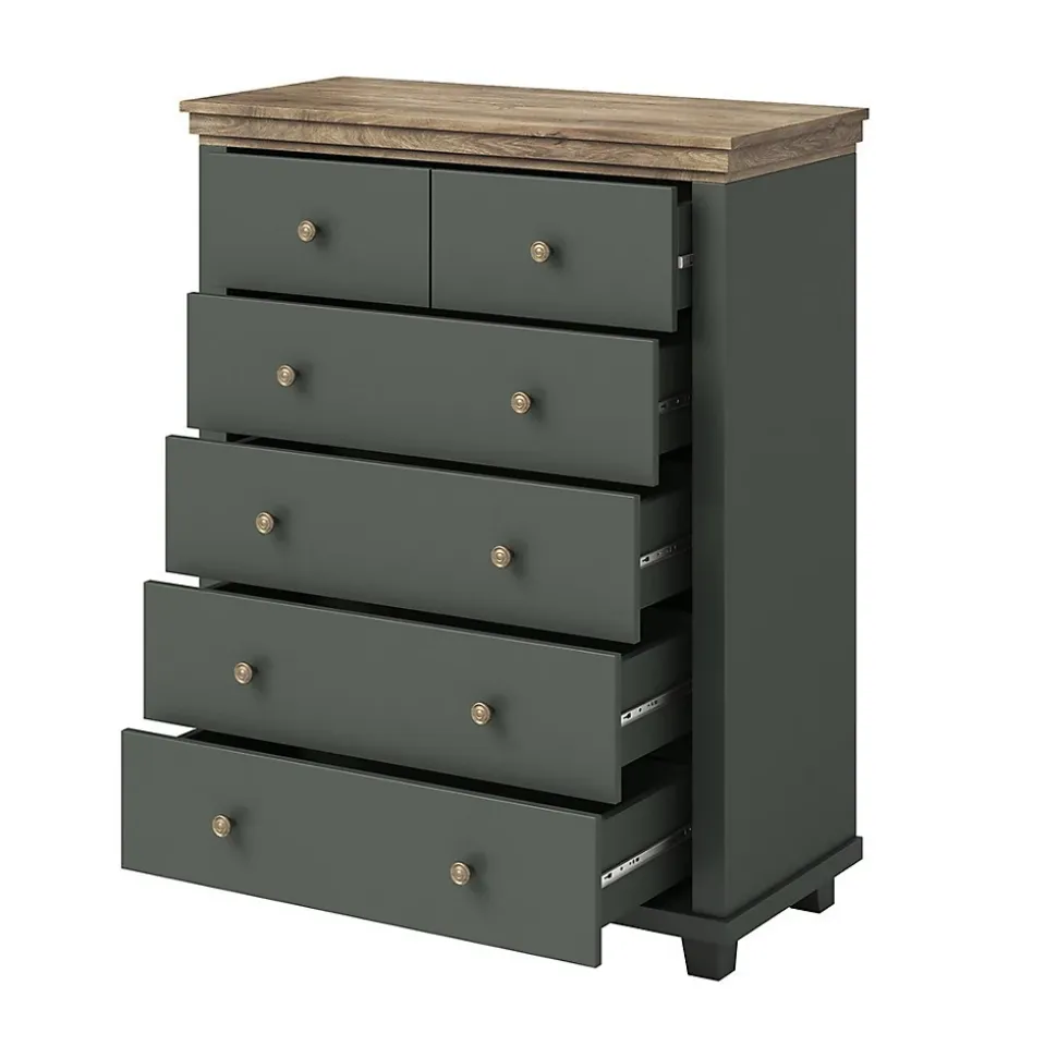 Commode XL design 6 tiroirs. Coloris vert kaki et chene. Collection ASSIA
