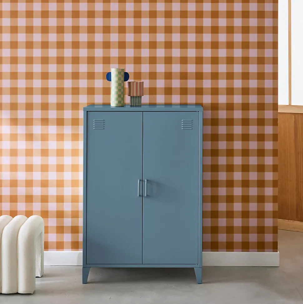 Commode/armoire en métal bleu. 2 espaces de rangement. casiers
