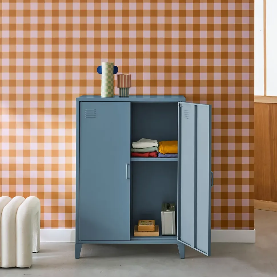 Commode/armoire en métal bleu. 2 espaces de rangement. casiers