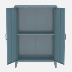 Commode/armoire en métal bleu. 2 espaces de rangement. casiers
