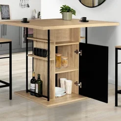 Comptoir Bar Ilot Central Meuble Industriel avec Rangements 110cm Imitation hêtre Salon Salle à Manger Cuisine 6 Places Moderne