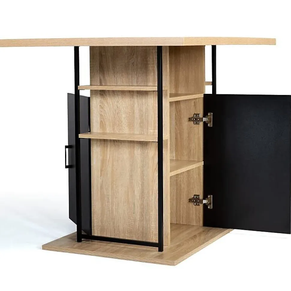 Comptoir Bar Ilot Central Meuble Industriel avec Rangements 110cm Imitation hêtre Salon Salle à Manger Cuisine 6 Places Moderne