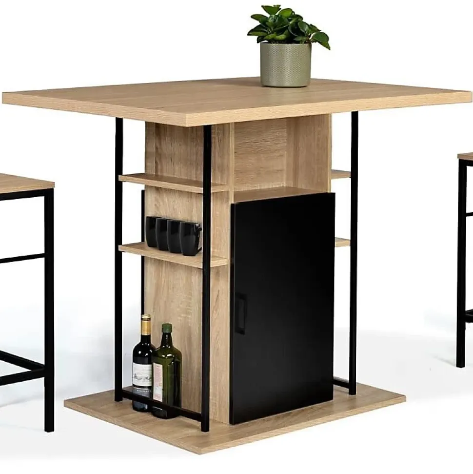 Comptoir Bar Ilot Central Meuble Industriel avec Rangements 110cm Imitation hêtre Salon Salle à Manger Cuisine 6 Places Moderne