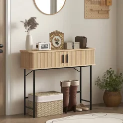 Console 2 portes coulissantes design naturel piètement acier noir effet bois clair