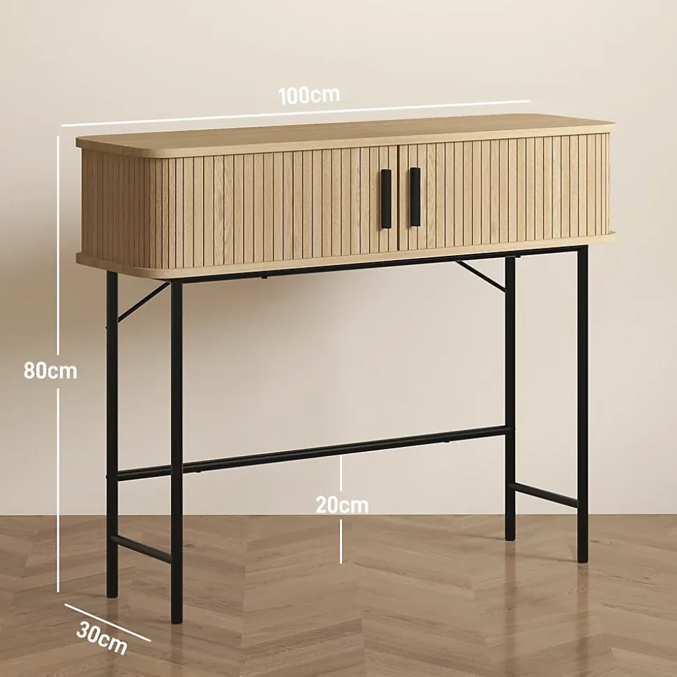 Console 2 portes coulissantes design naturel piètement acier noir effet bois clair