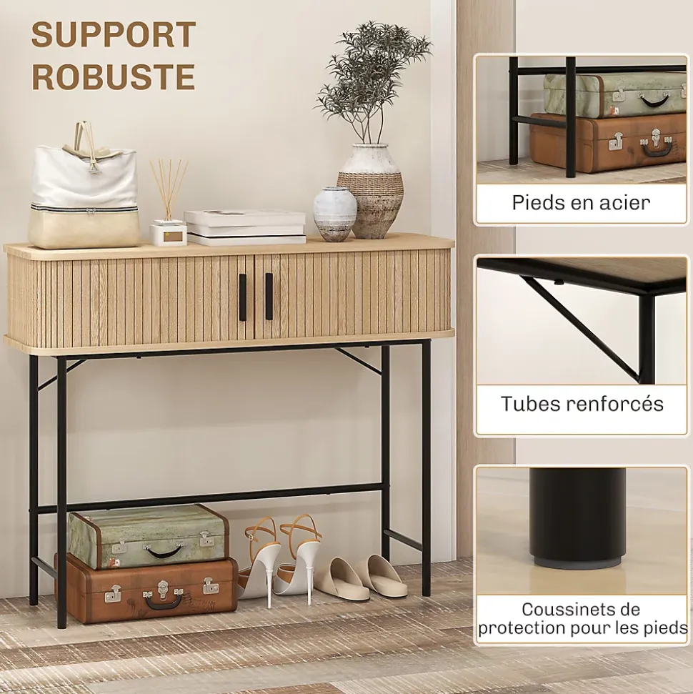 Console 2 portes coulissantes design naturel piètement acier noir effet bois clair