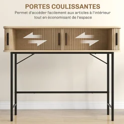 Console 2 portes coulissantes design naturel piètement acier noir effet bois clair