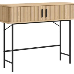 Console 2 portes coulissantes design naturel piètement acier noir effet bois clair