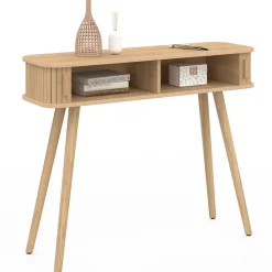 Console 2 portes coulissantes ROMIE lattes tasseau bois coloris chêne