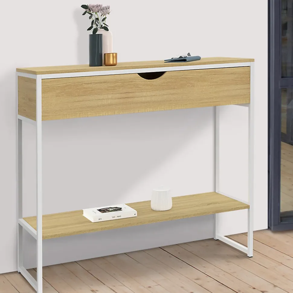 Console 1 tiroir DETROIT 1 étagère design industriel bois et métal blanc