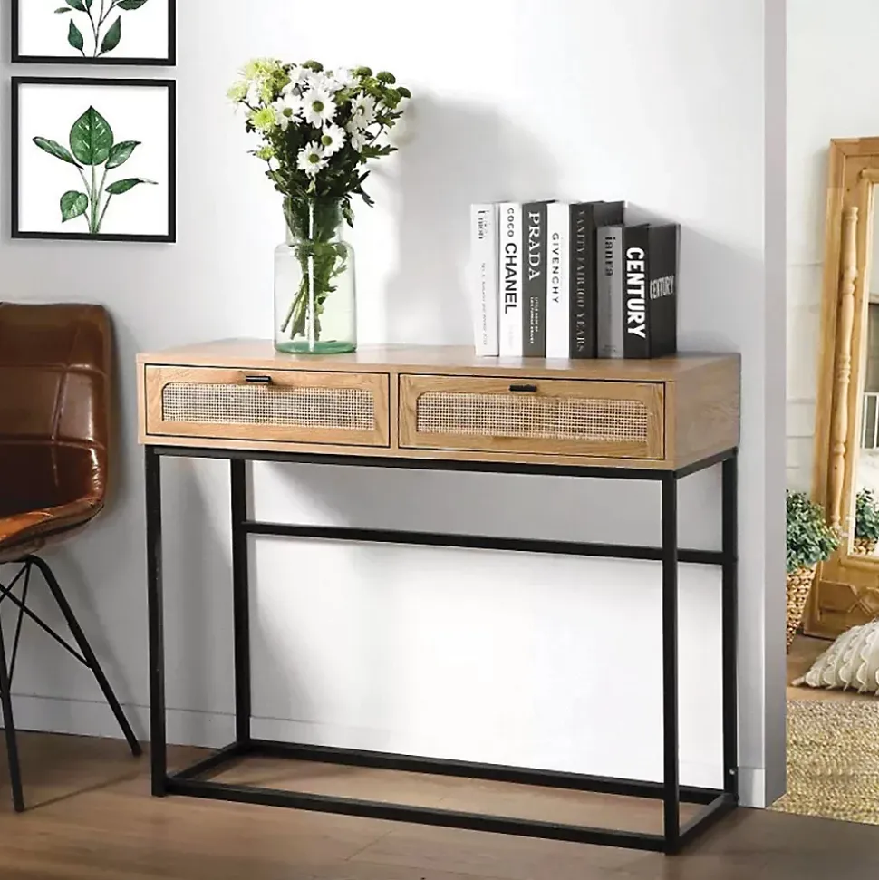 Console 2 Tiroirs avec Cannage Rotin L100cm - JAYA